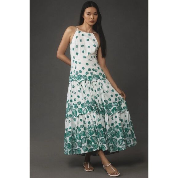 Anthropologie Maeve Halter Tiered Maxi Dress Seashells 2X NEW - Picture 1 of 7
